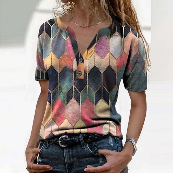 

vintage summer women's t-shirt plaid printed t-shirts with short sleeve v-neck collar casual oversize 2021, White