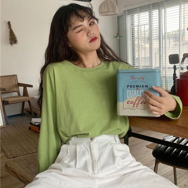 

women's t-shirt 2021 autumn korean loose butter fruit green solid color ins long sleeve student's base shirt fashion, White