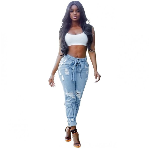 

autumn winter girls women light blue ripped fashion holes sash high waist pockets bottom full length washed denim lady casual jeans