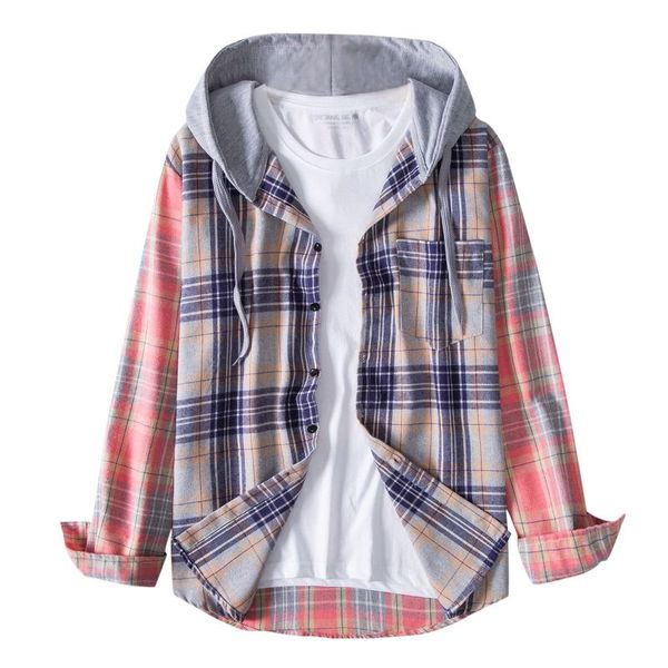 

men's casual shirts autumn shirt camisa masculina plaid print long sleeve single breasted hooded streetwear for men, White;black