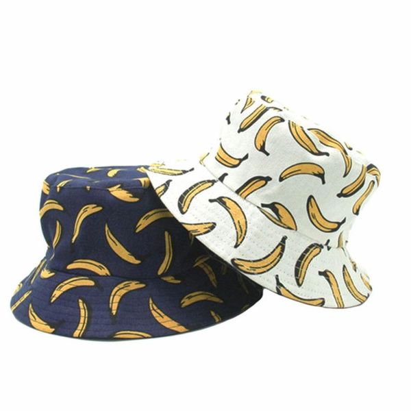 

cloches summer fisherman hat double-sided wearing banana sun protection cap collapsible hip-hop print harajuku caps for men and women, Blue;gray