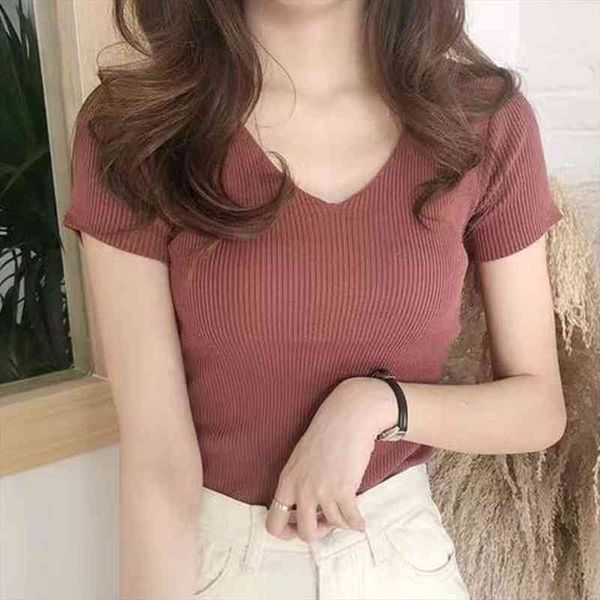 

womens summer v neck women sweater short sleeve knitted slim female knitwear pullover wdc6536, White;black