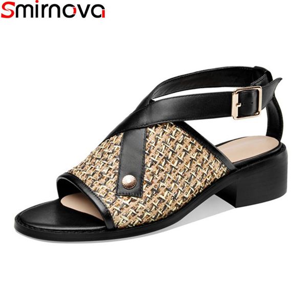 

smirnova 2021 arrival women shoes genuine leather comfortale casual ladies square heels round toe summer sandals, Black
