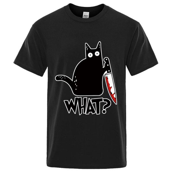 

cartoon black cat what funny man t shirts breathable cotton sportswear harajuku street short sleeve loose o-neck homme tee, White;black