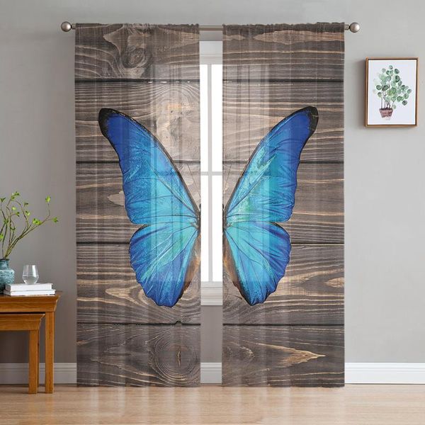 

curtain & drapes vintage wooden texture blue butterfly tulle window treatment sheer curtains for living room the bedroom decoration