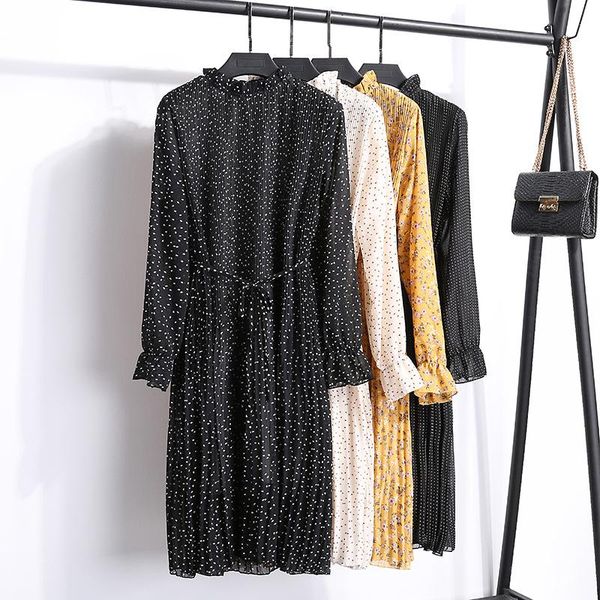 

casual dresses fashion women dress autumn nice korean stand collar long sleeve floral elegant sweet party print pleated, Black;gray