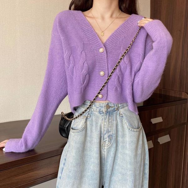 

women's knits & tees women 2021 autumn winter fashion v-neck sweater coats female solid color knitted jackets ladies short warm cardiga, White