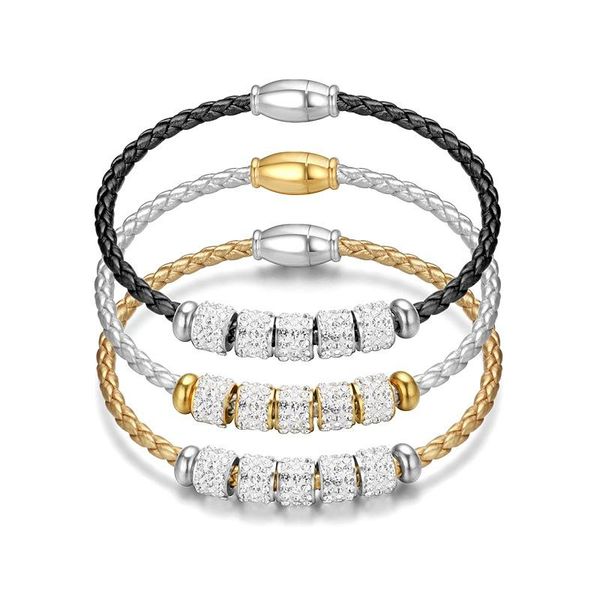 

bangle stainless steel crystal live mouth magnet buckle leather rope bracelet men and women 2021 titanium, Black