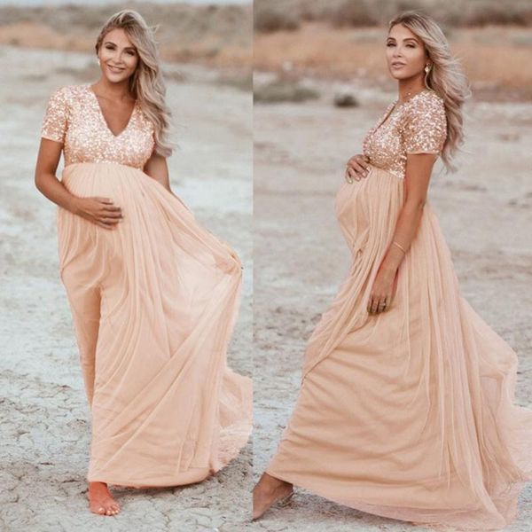 

maternity dresses summer dress for women 2021 pregnants pography props short sleeve sequined gown maxi robe femme, White