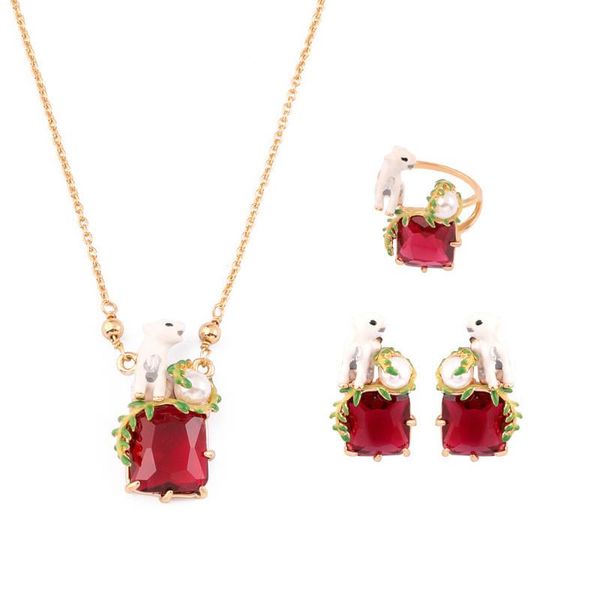 

earrings & necklace cute animal snow wolf ring jewelry set for women fashion enamel pearl gemstone jewellery, Silver