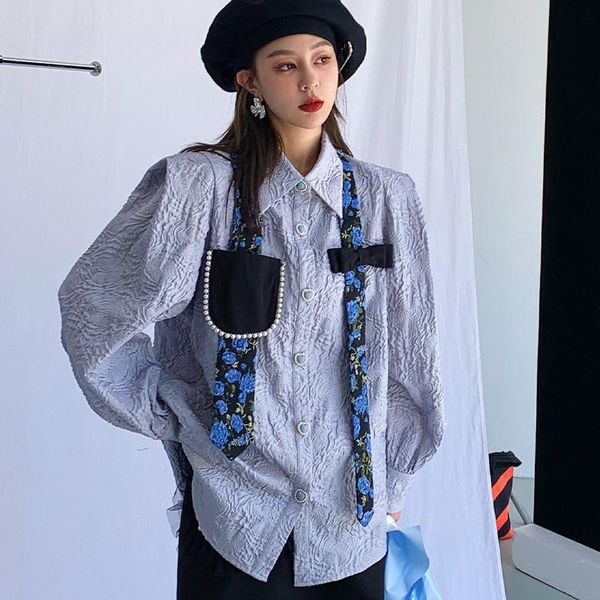 

women's blouses & shirts [ewq] korea chic jacquard shirt female autumn loose temperament lapel pocket spliced long sleeve women tide 20, White