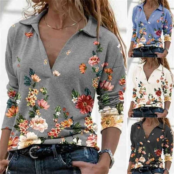 

women's clothing autumn and winter new fashion women's v-neck flower print long-sleeved casual loose t-shirt plus size 210330, White