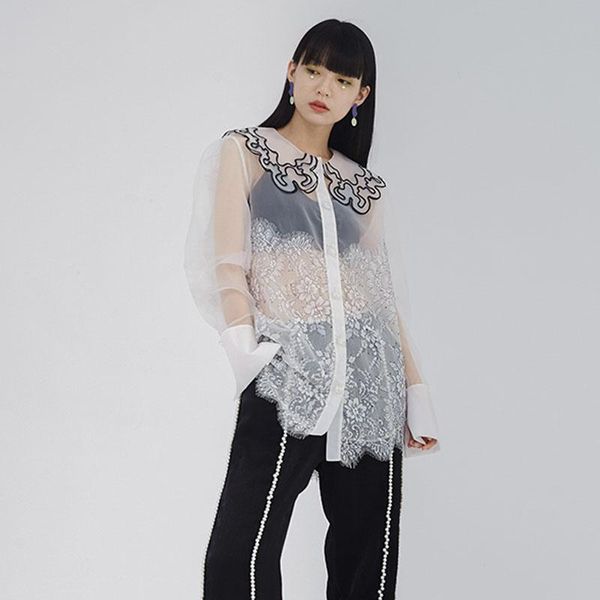 

women's jackets white silk organza jacket ladies lace stitching loose doll collar perspective shirt 2021 summer design k015, Black;brown