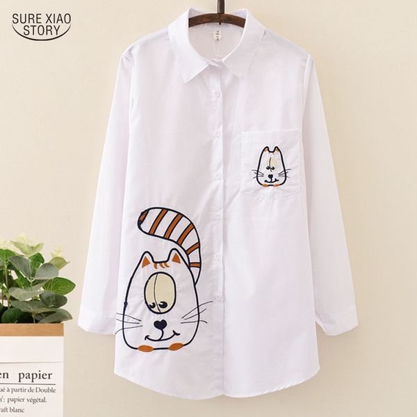 

white long sleeve turn down collar lady shirt casual loose cotton embroidery women blouse 5084 50 210417