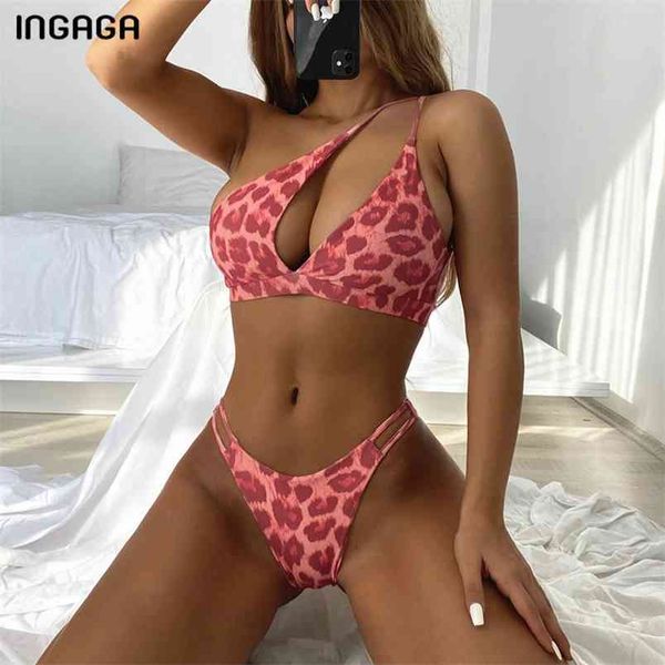 

ingaga leopard bikinis women's swimsuits cut out swimwear women one shoulder biquini thong bathing suit push up beachwear 210619, White;black