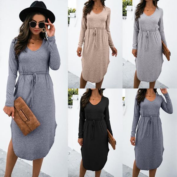

casual dresses women spring autumn solid color pencil robe femme drawstring pockets v-neck long sleeve dress for woman vestido de mujer, Black;gray