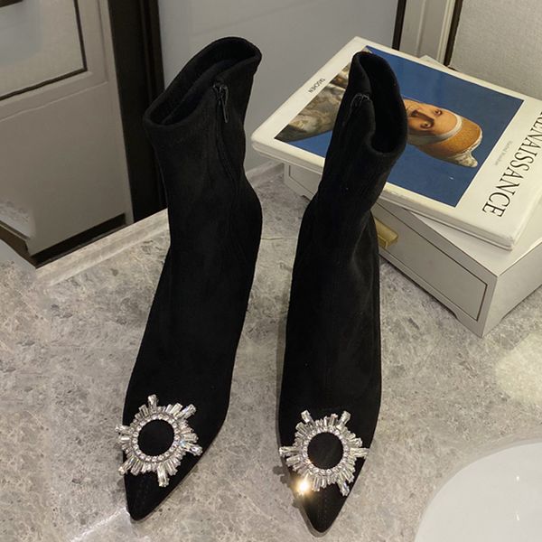

women ankle boots pointed toe ladies black stretch short booties thin high heel crystal female sock boots woman winter shoes