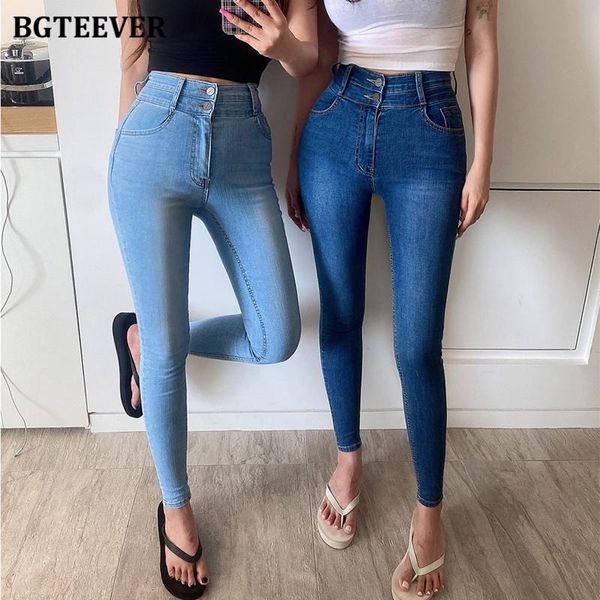 

women's jeans bgteever 2021 autumn double button skinny blue for women high waist female denim pencil casual trousers