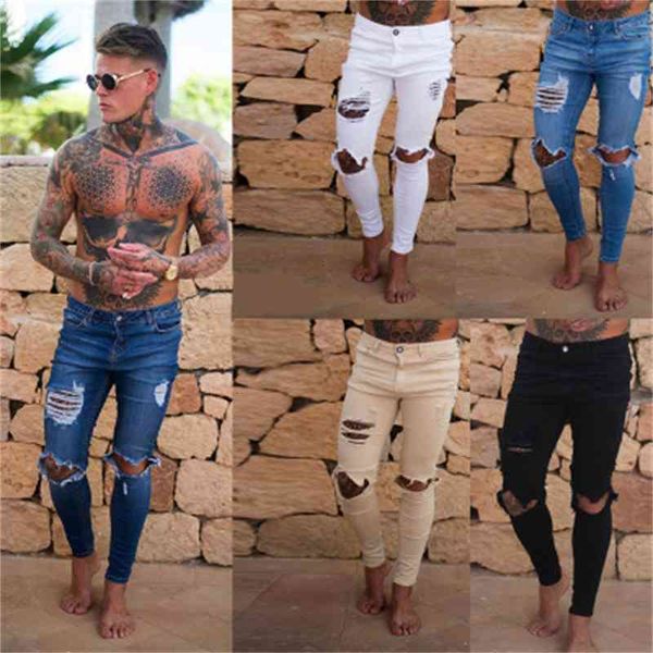 

men hole jeans 4 colors stretchy ripped skinny jeans destroyed taped slim fit denim pants ooa6845, Blue