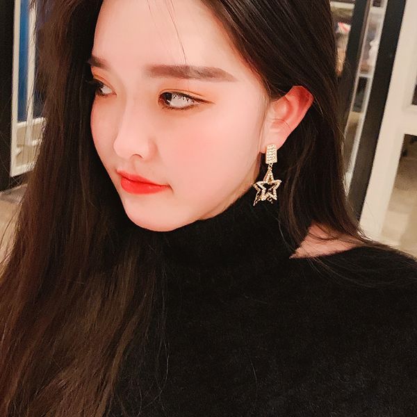 

925 silver needle european and american fashion exaggerated five-pointed star diamond earrings temperament rhinestone long earrings women, Golden