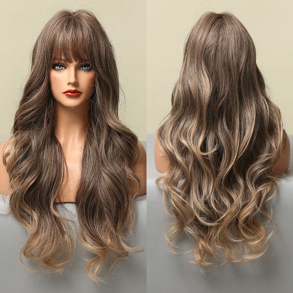 

brown blonde highlight synthetic wigs with full bangs long body wave wigs for black women heat resistant fiber cosplay daily use
