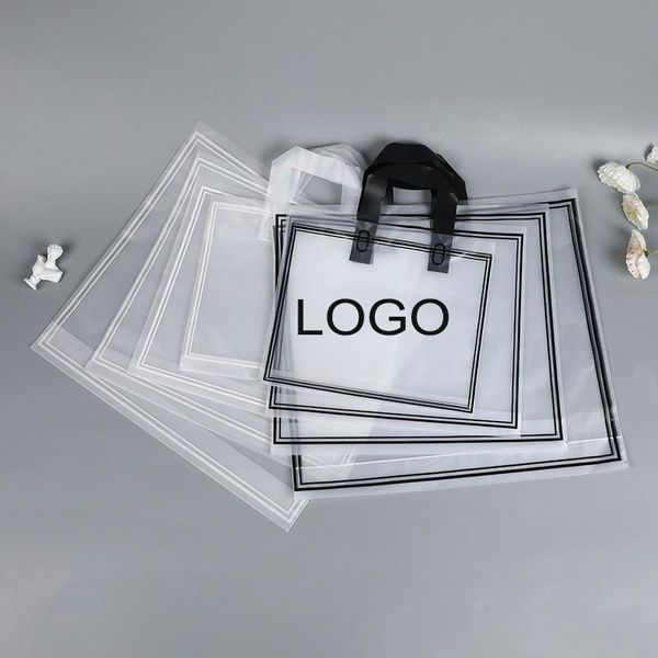 

storage bags 100 pcs custom logo transparent plastic for business gift clothing pack with loop handle shopping personalized