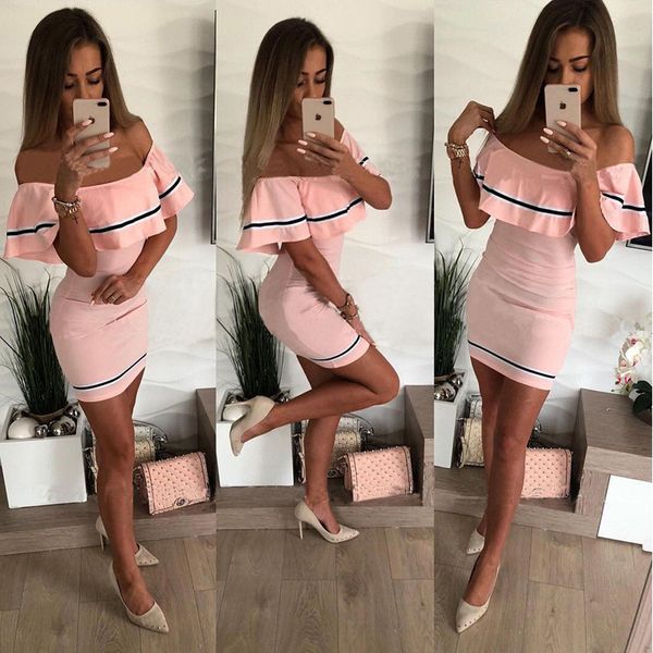 

2021off shoulder slash neck autumn party dress striped ruffles short sleeve summer dress women plus size casual beach vestidos, Black;gray