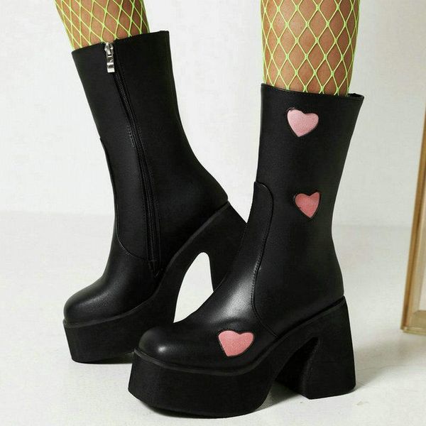 

boots 2021 women ankle platform square high heel ladies motorcycle pu leather round toe side zipper women's big size, Black