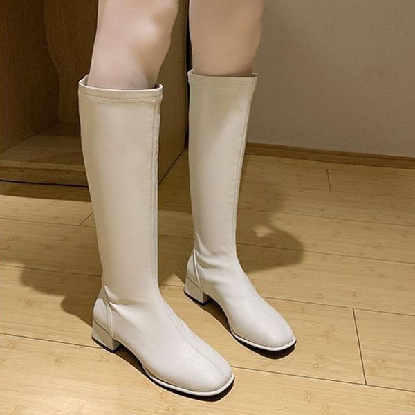 

boots 2021 women square toe knee high winter woman zipper low heels ladies casual long female comfort fashion shoes autumn, Black