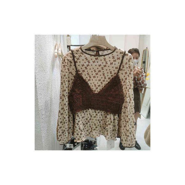 

women's sweaters two piece set korean loose small floral chiffon shirt knitted suspender vt set, White;black