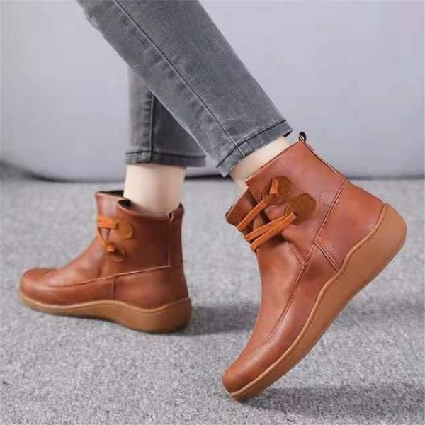 

boots spring autumn vintage black brown round toe women's ankle fashion classic retro pu leather ladies short botas mujer