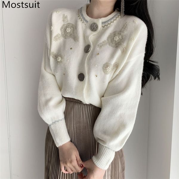 

korean embroidered beading cardigan sweater women spring o-neck single-breasted elegant jumpers femme 210514, White;black