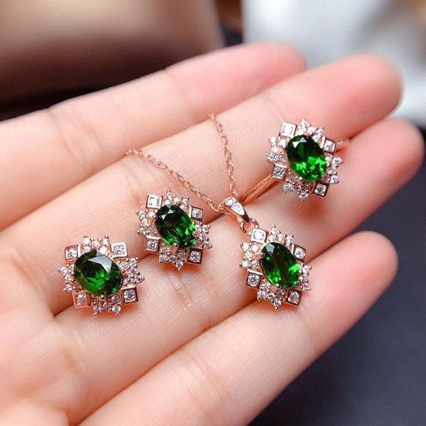 

earrings & necklace moonrocy rose gold color crystal earring ring jewelry set choker for women gift green drop wholesale, Silver