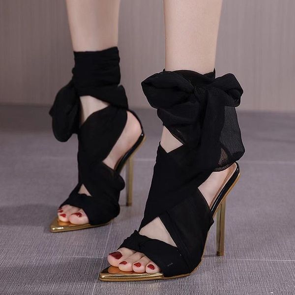 

soft breathable lace up women sandals gold pointy toe metal heels summer fashion dress shoes modern fancy color, Black