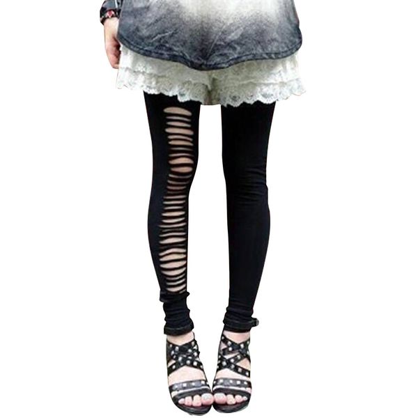 

leggings fashion in the spring autumn of 2021, chaozhou people's imitation leather one-sided irregular hole pants and cotton nine point, Black