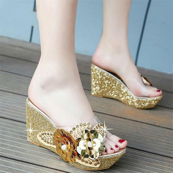 

sandals 2021 summer wedges women crystal transparent high heels pvc slippers string bead fashion shoes, Black