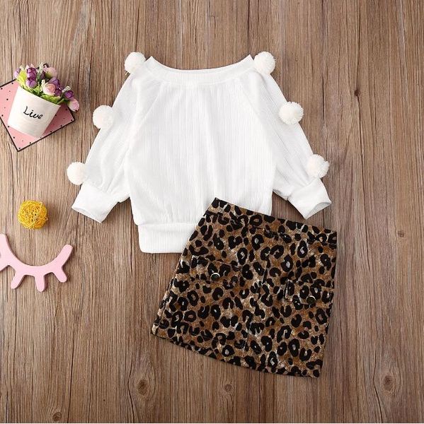 Criança bebê menina conjuntos cor sólida manga comprida cabelo camisola de bola tops leopard impressão tutu saia 2pcs roupas roupas roupas