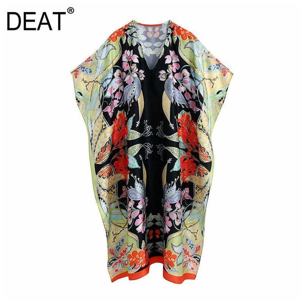 

[deat] summer fashion v-neck knee-length short sleeve printing loose elegant dress women big size 13d175 210527, Black;gray