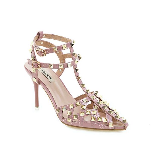 

women sandals summer pointed high-heeled stiletto patent leather rivet single shoes was thin buckle women's, Black