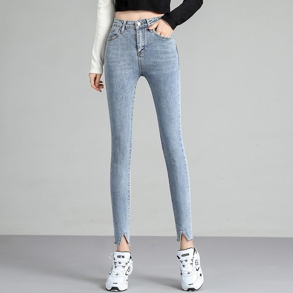 

women's jeans 2021 new jeans tights high waist slim quarter pants, Blue