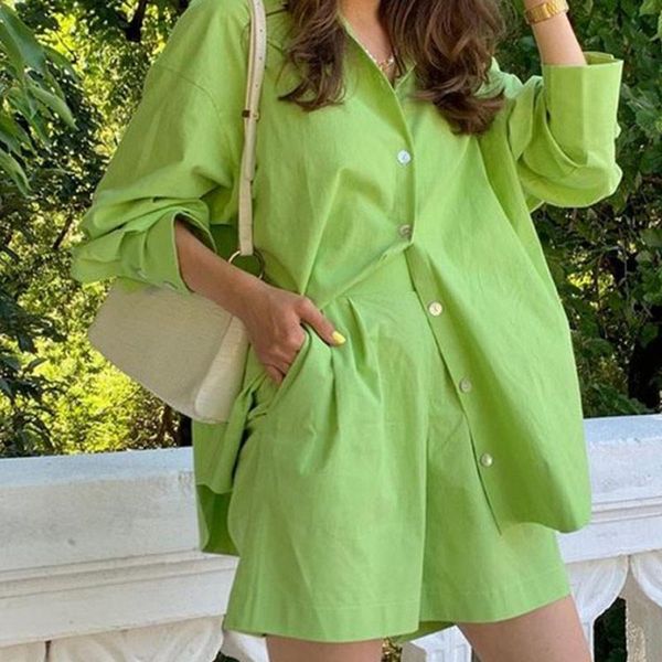 

women's tracksuits women solid casual shorts suit loose long sleeve shirt wide leg 2021 fashion autumn streetwear 2 pieces set, Gray