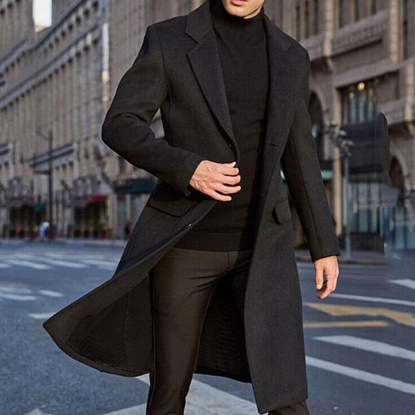 

men's wool & blends winter men long sleeve buttons jacket overcoat mid-length trench coat, Black