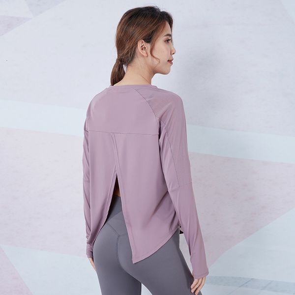 

yoga suit running outdoor fitness slim split back long sleeve t-shirt, Gray
