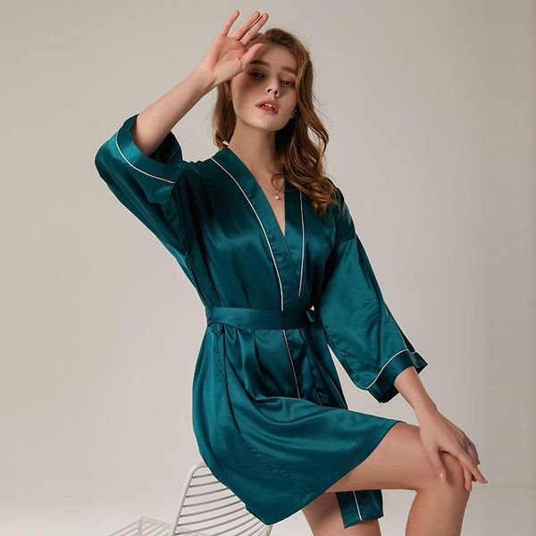 

women's sleepwear patchwork wedding robe women nightwear kimono bathrobe gown satin summer hmewear green nightgown intimate lingerie, Black;red
