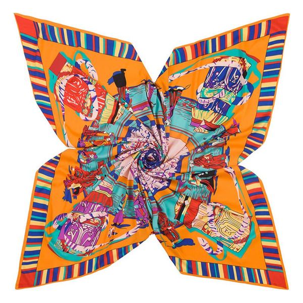 

scarves 2021 spring brand silk women scarf classic geometric stripe lovely cartoon horse pattern floral muslim turban square, Blue;gray