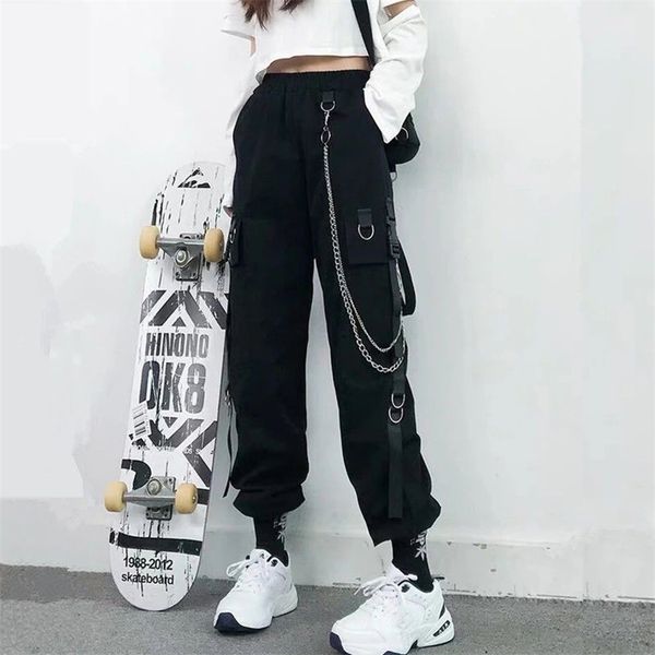 

women cargo pants harem fashion punk pockets jogger trousers with chain harajuku elastics high waist streetwear 211118, Black;white