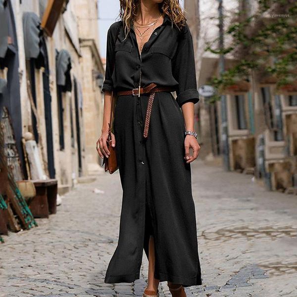 

maxi t shirt dress women spring ladies vestidos vintage button winter loose long sleeve office style casual dresses, Black;gray