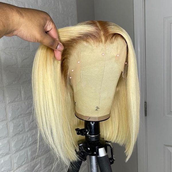 

150% blonde short bob human hair wigs for women ombre transparent lace front wig peruvian straight remy closure, Black;brown