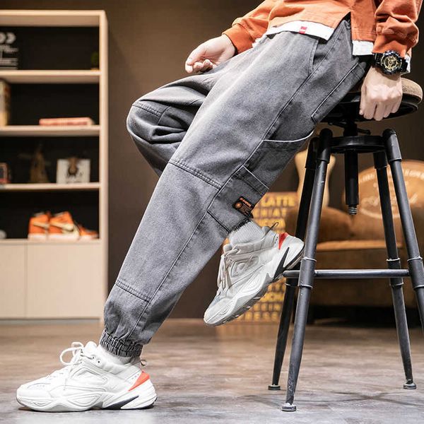

men's jeans autumn new trendy brand tie-foot casual trousers trend large size loose handsome wild pants men x0621, Blue