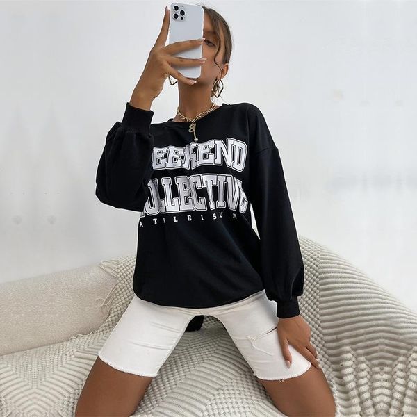 

women's hoodies & sweatshirts letter women fall 2021 print loose o neck long sleeve pullover elegant casual cotton lady drop, Black